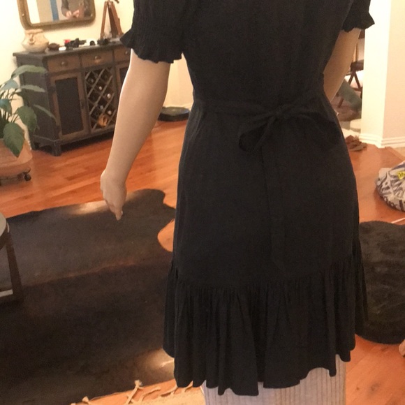 Antonio Melani Black Linen Surplice V-Neck Short Puff Sleeve Wrap Tie Dress - Picture 8 of 10